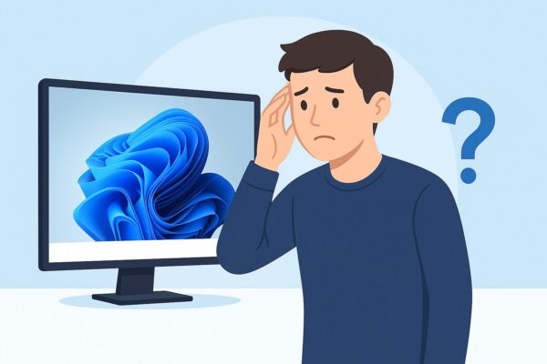 Windows 10／11の画面下にタスクバーが表示されず、困った表情でモニターを見つめるユーザーのイラスト