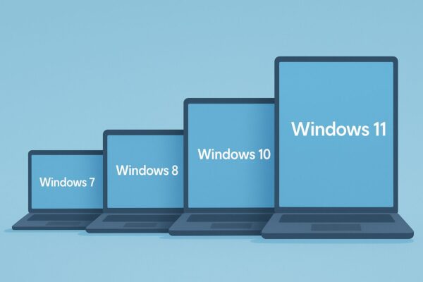 Windows 7・8・10・11の4台のノートPCが並び、Windows 11だけ少し高く強調されているグラフ風イラスト。まだ古いWindowsも一定数使われていることをイメージした画像。