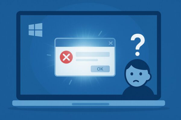 Windows起動時に一瞬だけエラーウィンドウが表示されてすぐ消えるトラブルをイメージしたイラスト。デスクトップ画面と小さなエラーダイアログ、戸惑うユーザーのアイコンが描かれている。