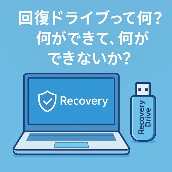 Windowsパソコンと「Recovery Drive」と書かれたUSBメモリのイラスト。回復ドライブでできること・できないことを解説する記事のアイキャッチ画像。