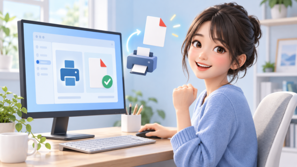 Windows 11でMicrosoft Print to PDFを復旧し、安心している女性のイラスト