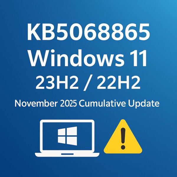 Blue Windows 11 style graphic showing the text ‘KB5068865 Windows 11 23H2 / 22H2 – November 2025 update’ with a laptop icon and a yellow warning shield representing update errors like 0x800f0922.