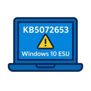 Windows 10 ESU向け更新プログラムKB5072653をイメージしたイラスト。ノートPCの画面にKB5072653と警告アイコンが表示されている。