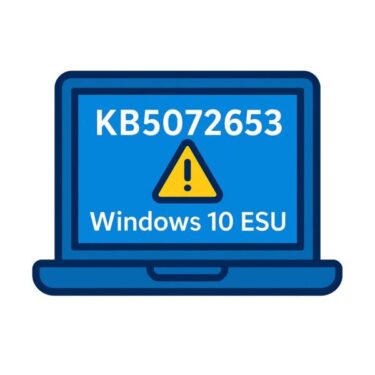 Illustration of a Windows 10 laptop showing update KB5072653 for ESU with a warning icon and the text ‘Fix error 0x800f0922’ on the screen.