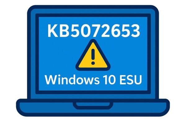 Illustration of a Windows 10 laptop showing update KB5072653 for ESU with a warning icon and the text ‘Fix error 0x800f0922’ on the screen.