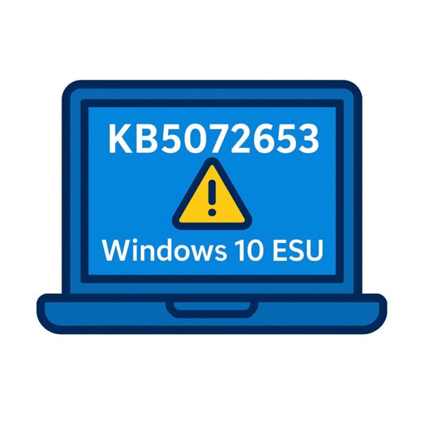 Illustration of a Windows 10 laptop showing update KB5072653 for ESU with a warning icon and the text ‘Fix error 0x800f0922’ on the screen.