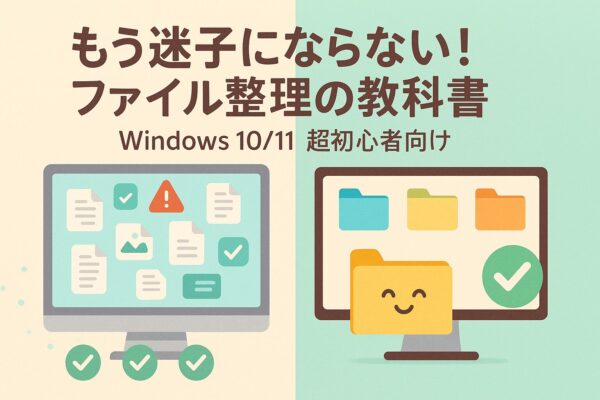 散らかったデスクトップ画面と整理されたフォルダ構成を対比させたイラスト。『もう迷子にならない！ファイル整理の教科書 Windows 10/11 超初心者向け』というタイトル入りのアイキャッチ画像