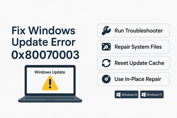 Illustration showing how to fix Windows Update error 0x80070003. A laptop with a warning icon is displayed beside four solution steps: Run Troubleshooter, Repair System Files, Reset Update Cache, and Use In-Place Repair. Compatible with Windows 10 and Windows 11.