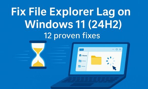 Illustration showing a laptop with File Explorer open and an hourglass beside it, symbolizing slow performance after the Windows 11 (24H2) update, with the title “Fix File Explorer Lag on Windows 11 (24H2) – 13 proven fixes” .