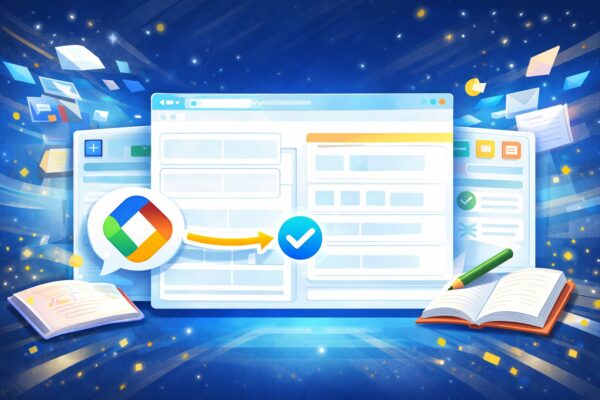 Copilot「Notebooks」機能のイメージ図。ノート風のワークスペース画面に、資料・タスク・チェックアイコンやドキュメントが集まり、長文プロンプトや複数手順をまとめて処理できることを表現したイラスト。