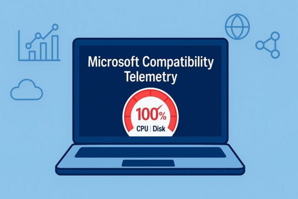 Is “Microsoft Compatibility Telemetry” Slowing Down Your PC? 1 “Illustration of a laptop showing high CPU and disk usage caused by Microsoft Compatibility Telemetry (CompatTelRunner.exe), with cloud, graph, and data icons in the background to represent system data collection and diagnostics.”