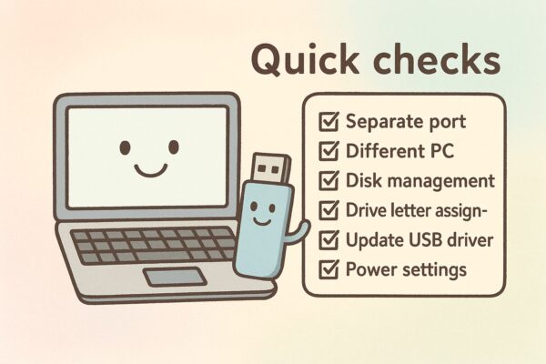 Pastel-colored illustration showing a smiling laptop and USB flash drive mascot on the left. On the right, a checklist titled “Quick checks” includes: Separate port, Different PC, Disk management, Drive letter assignment, Update USB driver, and Power settings. The overall design is soft and friendly, with a gentle gradient background.
