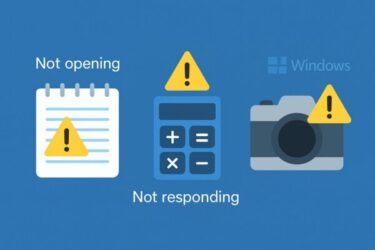 Flat illustration showing a Notepad icon, a Calculator icon, and a Camera icon with yellow warning triangles on a blue background, representing Windows 11 built-in apps not opening or responding.