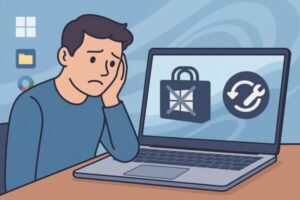 Microsoft Storeが開かず困っているユーザーと、再インストール・修復をイメージしたWindows 11デスクトップのイラスト