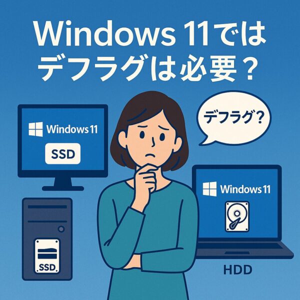 Windows 11でデフラグが必要かどうか悩むユーザーと、SSD・HDDアイコン、そして「デフラグ？」の吹き出しが描かれたイラスト。ブルー系の背景に「Windows 11ではデフラグは必要？」というタイトル入りの解説用アイキャッチ画像。