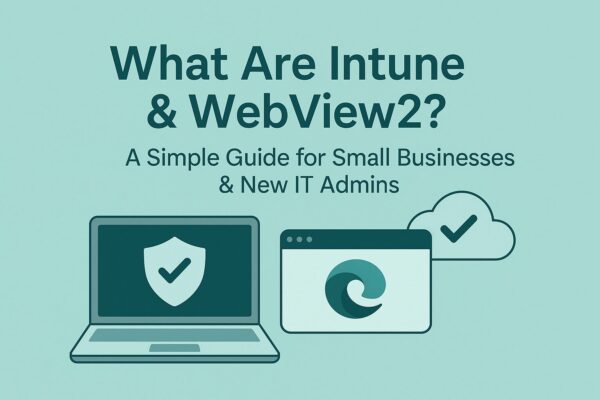 What Are Intune & WebView2? A Simple Guide for Small Businesses & New IT Admins 1 What Are Intune & WebView2?—laptop with shield, Edge WebView2 window, and cloud checkmark on a teal background, guide for small businesses & new IT admins.