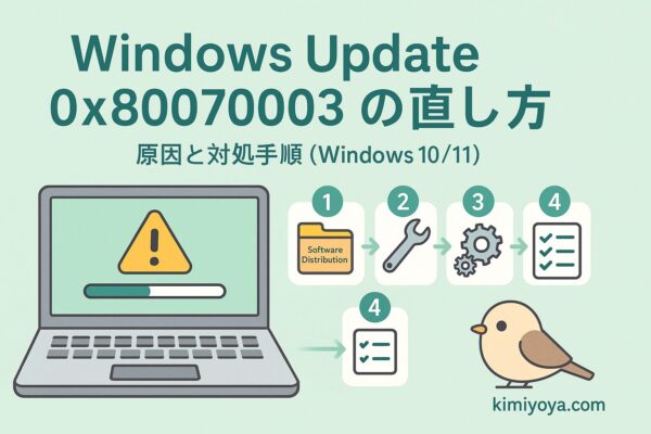 Windows Updateのエラー「0x80070003」の直し方を解説する日本語インフォグラフィック。警告マークのノートPCと「SoftwareDistribution→工具→歯車→チェックリスト」の手順図（Windows 10/11／kimiyoya.com／小鳥イラスト付き）。
