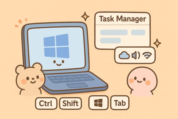 Windowsで“今何が動いているか”を確認する方法のアイキャッチ。笑顔のノートPC、タスクマネージャー窓、通知領域アイコン、Ctrl・Shift・Windows・Tabを可愛く表現