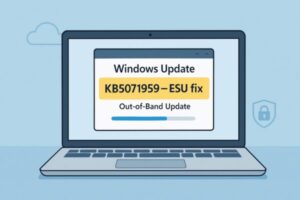 Windows 10 Out-of-Band update KB5071959 fixes ESU enrollment, shown on a laptop with Windows Update progress.