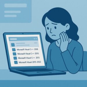 Windows 10/11のアプリ一覧に並ぶ「Microsoft Visual C++」を見て、消していいか悩んでいるPC初心者のイラスト