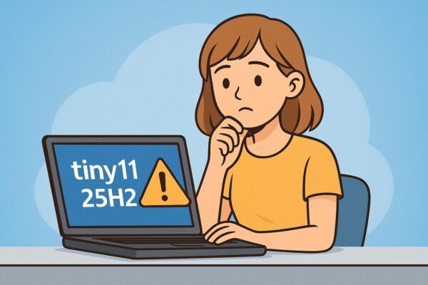 A cute young woman looking thoughtfully at her laptop screen showing the text “tiny11 25H2” and a warning icon, illustrating a user who is unsure whether tiny11 is safe to use on her PC.