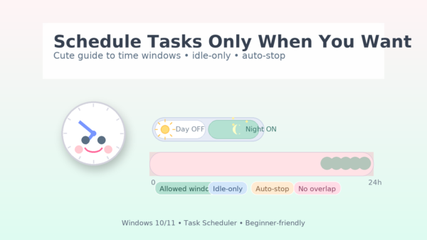 How to Control the “Run Time” in Windows Task Scheduler— Beginner-friendly guide for Windows 10/11 1 Cute pastel eye-catch for a Task Scheduler guide: a smiling clock mascot, a toggle showing “Day OFF / Night ON,” and a bubble timeline highlighting the allowed window at night.
