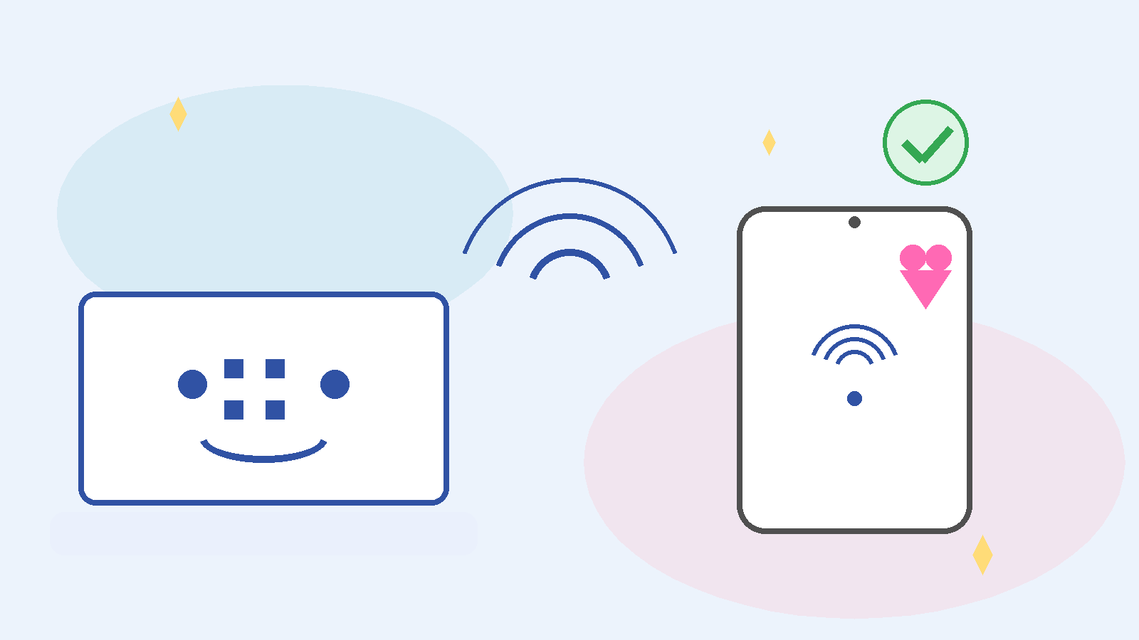 WindowsノートPCとiPadのイラスト。中央にWi-Fiマーク、周囲にハートや星、右上に安定を示すチェックバッジがあり、可愛い雰囲気で“Wi-Fi安定化”を表現したアイキャッチ。