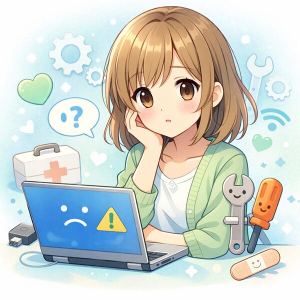 Windows 11の不具合や起動トラブルをやさしく復旧するイメージの、かわいいアニメ風女の子とノートパソコンのイラスト