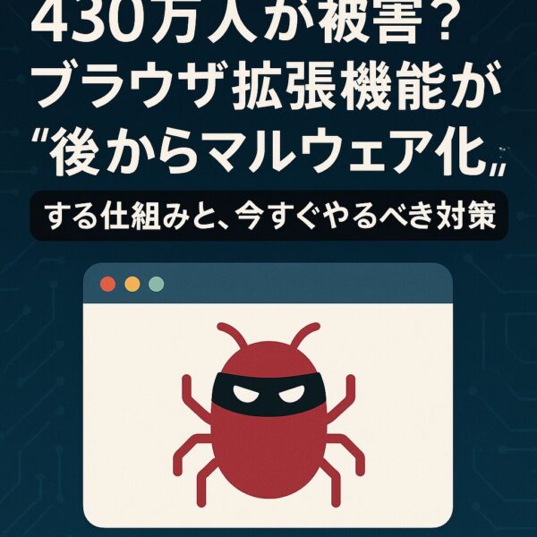 ブラウザ拡張機能が後からマルウェア化するリスクを警告するアイキャッチ画像。マスクを付けた赤いバグのアイコンと「430万人が被害？ブラウザ拡張機能が後からマルウェア化する仕組みと今すぐやるべき対策」という日本語タイトルが描かれている。
