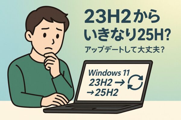 Windows 11「23H2からいきなり25H2?」アップデートしても大丈夫?更新するときの注意点と疑問を全部解決 1 Windows 11 23H2から25H2への更新通知を見て不安そうにパソコン画面を眺めるユーザーのイラスト。23H2から25H2へのアップデートに迷っている様子を表現。