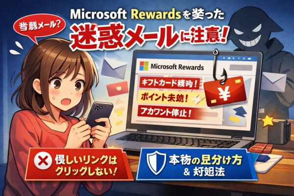 Microsoft Rewardsを装った迷惑メールに注意するイラスト。スマートフォンで不審な通知を見て困っている女性と、ギフトカードを餌にしたフィッシングを表現