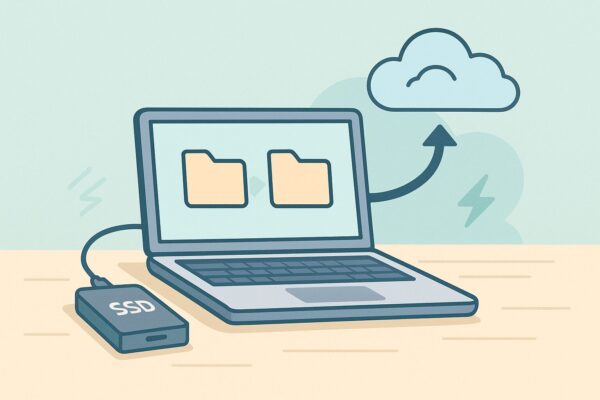 地震・停電・落雷に備えてPCユーザーが「今すぐやっておくべき防災対策まとめ 1 PCと外付けSSDをイメージしたイラスト