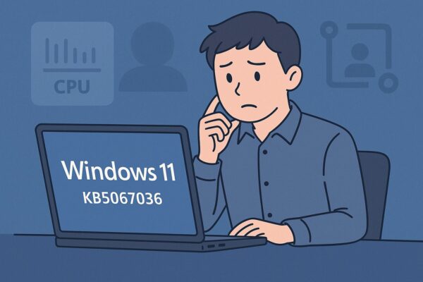 Windows 11 KB5067036適用後に、タスクマネージャーを閉じても見えない負荷に悩んでいるユーザーのイラスト