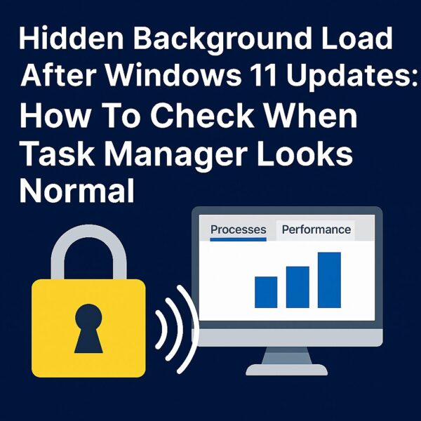 Hidden Background Load After Windows 11 Updates: How to Check When Task Manager Looks Normal 1 This visual features a sleek Windows 11 Task Manager interface showing normal usage, paired with a symbolic padlock to hint at concealed processes. The deep blue background and clean layout make it ideal for an English-speaking tech audience, especially those curious about system performance and hidden activity.