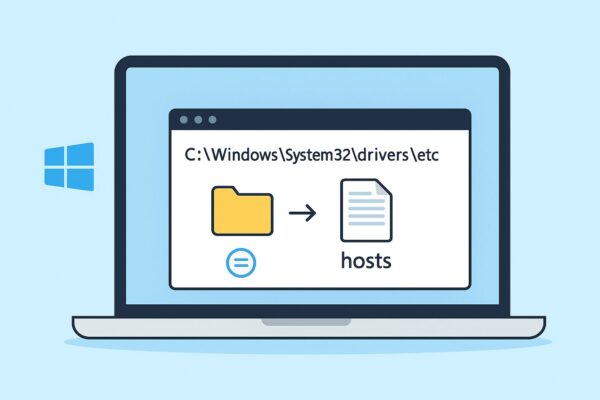Windows 11でhostsファイルの場所を示したイラスト。C:\Windows\System32\drivers\etc\hosts のパスが表示されている