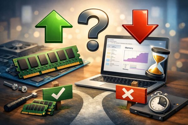 パソコンのメモリ増設をするか迷う状況を表現したイラスト。RAMモジュールとノートパソコンの画面、上昇・下降の矢印や判断を示すアイコンが配置されている。
