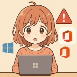 Anime-style illustration of a cute young woman using a Windows 11 laptop while an Android app screen appears beside her, representing how to run Android apps on Windows 11 after WSA was discontinue