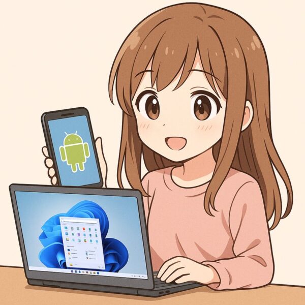 Windows 11ノートPCとAndroidスマートフォンを一緒に使いながら笑顔で操作している、アニメ風の女の子キャラクターのイラスト。PC画面にはWindows 11のデスクトップ、スマホ画面にはAndroidロゴが表示されており、「WindowsでAndroidアプリを使う」イメージを表現している。