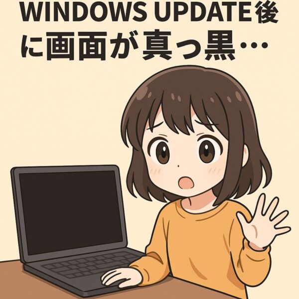 Windows Update後にノートPCの画面が真っ黒になり、不安そうな表情で見つめるアニメ風の女の子のイラスト