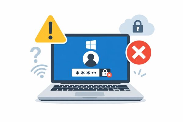 久しぶりにWindowsを起動した際にサインインできないトラブルを表したイラスト