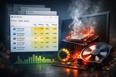 Windows 11でタスクマネージャーを閉じても裏で動き続け、PCが重くなるイラスト