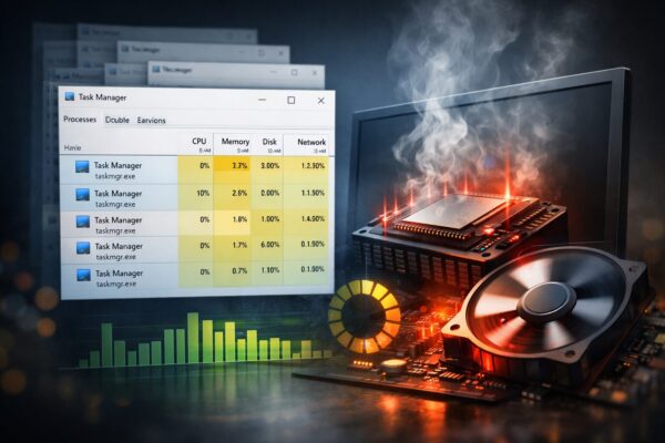 Windows 11でタスクマネージャーを閉じても裏で動き続け、PCが重くなるイラスト