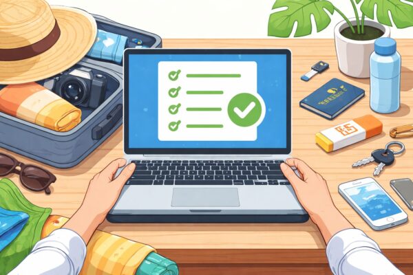 長期間パソコンを使わない前に準備をして電源を切る様子を表したイラスト