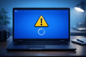 偽のブルースクリーンを表示する詐欺画面をイメージしたイラスト。ブラウザ上で全画面表示される警告画面の例。