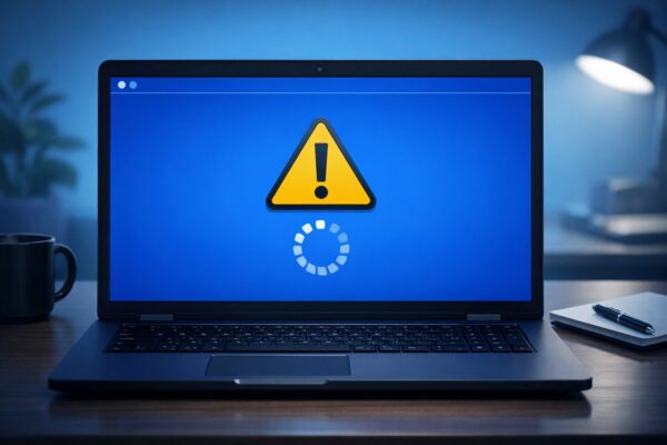 偽のブルースクリーンを表示する詐欺画面をイメージしたイラスト。ブラウザ上で全画面表示される警告画面の例。