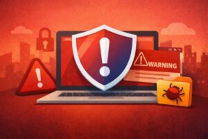 ノートパソコンの画面を守る盾と警告アイコンで、危険なWebサイトからの保護を表したセキュリティイラスト