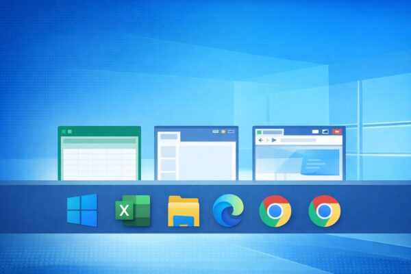 Windowsのタスクバーで複数のアプリが個別に表示されている様子を表したイラスト