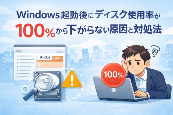 Windowsの起動後にディスク使用率が100％になり困っている人と、ストレージ警告アイコンを描いたイラスト
