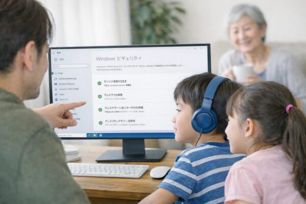 家族で共有するWindows 11のセキュリティ設定を見直しているイメージ。