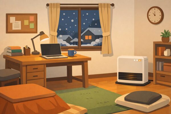 冬の部屋でパソコンと暖房器具を安全な距離で使用している様子